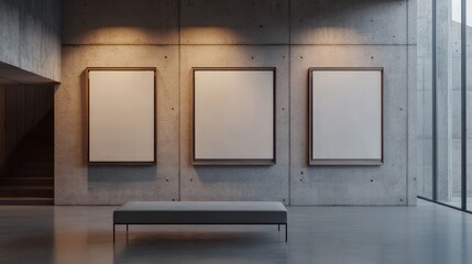 Modern Gallery Interior With Blank Canvases And Bench