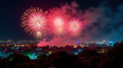 Vibrant red fireworks lighting up a night city skyline during new year celebrations