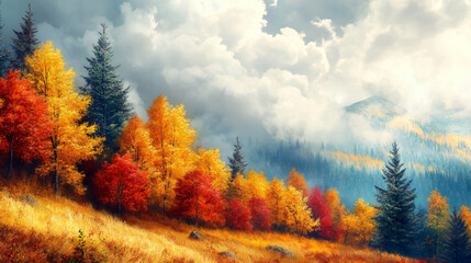 Fototapeta premium Autumn hills with clusters of bright yellow and red trees contrasting the cloudy sky