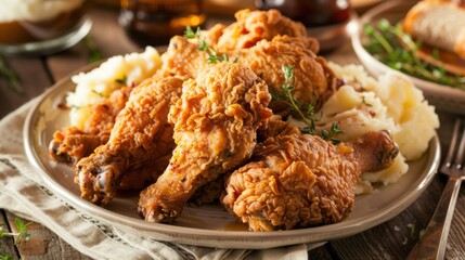 A mouthwatering platter of crispy fried chicken with golden-brown skin, served with mashed potatoes and gravy
