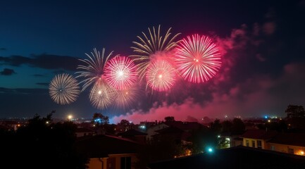 Vibrant red fireworks lighting up a night city skyline during new year celebrations