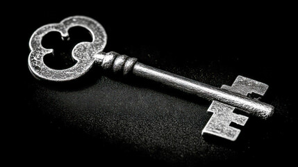 Antique silver skeleton key on black background showcasing intricate design and craftsmanship