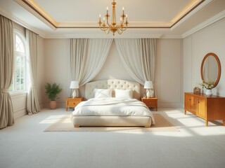 A cozy bedroom with a spacious layout and calming decor, perfect for unwinding and relaxing after a long day, stress-free, calming, space