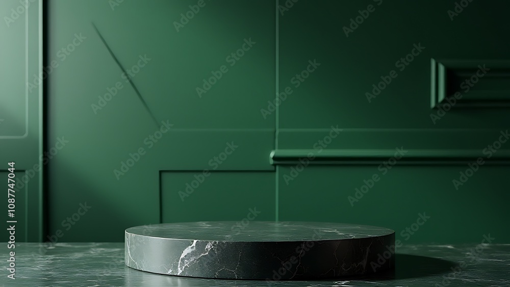 Poster y mockup featuring a matte black stone tabletop on green wall panels background with geometric desig