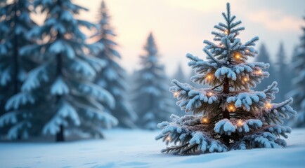 Fototapeta premium Lone decorated Christmas tree glowing in a snowy field surrounded by winter pines