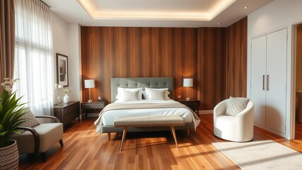 A cozy bedroom with hardwood flooring and a modern aesthetic featuring a stylish bed, nightstands, and decorative furnishings, aesthetic, nightstands, hardwood