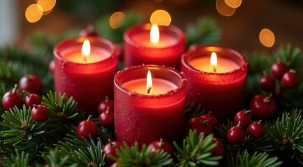 Red Christmas candles surrounded by festive greenery and berries for a warm holiday feel