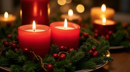 Red Christmas candles surrounded by festive greenery and berries for a warm holiday feel