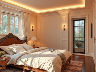 A cozy bedroom with warm lighting, creating a relaxing atmosphere, soft, sleep, relaxation