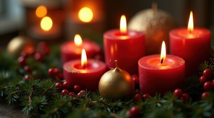 Red Christmas candles surrounded by festive greenery and berries for a warm holiday feel