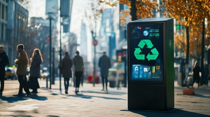 Fototapeta premium A self-service recycling kiosk stands on a busy city street, surrounded by pedestrians going about their day. The autumn foliage adds color to the urban landscape as the sun shines brightly.