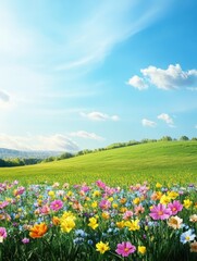 Fototapeta premium A variety of colorful flowers flourish in a bright green meadow, enjoying the sunlight and a clear blue sky on a lovely spring day. Generative AI