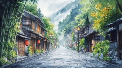 Serene bamboo forest path in traditional village setting