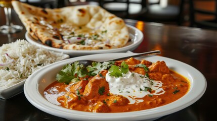 Fototapeta premium A mouthwatering platter of Indian butter chicken (murgh makhani) served with fragrant basmati rice and garlic naan, Butter chicken platter centered