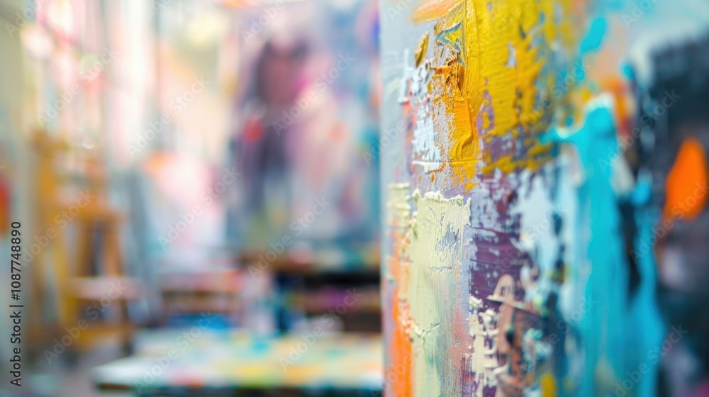 Poster abstract view of an art studio open house with colors and shapes blending together.