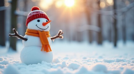 Obraz premium A cheerful snowman with a scarf and hat, surrounded by a snowy landscape in a winter park