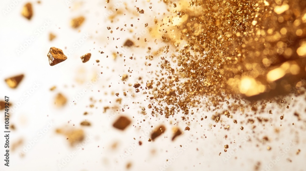 Poster a dynamic splash of shimmering gold particles against a light background.