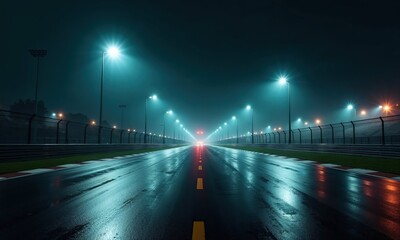 Fototapeta premium Atmospheric night view of illuminated race track with wet surface reflecting blue street lights. Empty circuit creates dramatic perspective with endless row of lampposts disappearing into distance