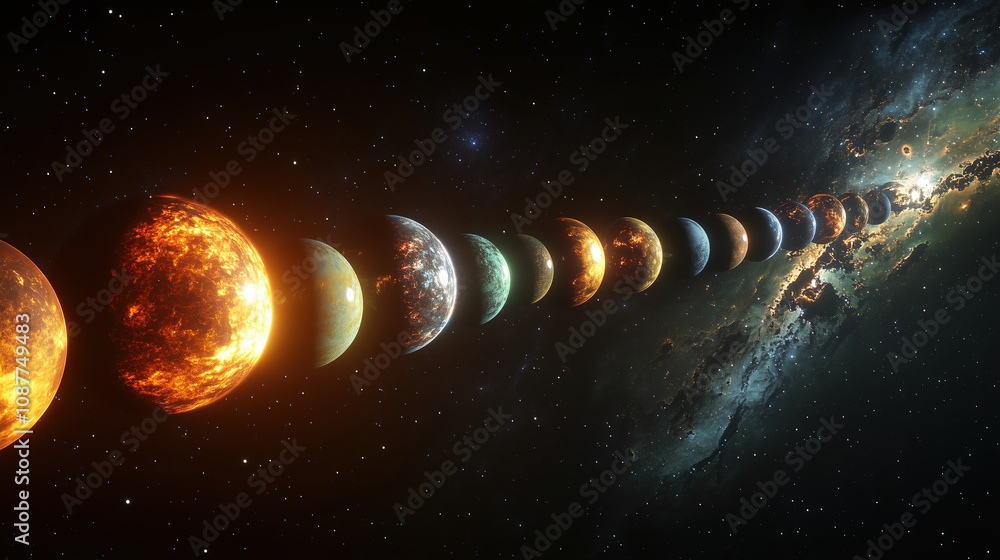 Poster a stunning visual journey through the solar system showcasing planets aligned against the backdrop o