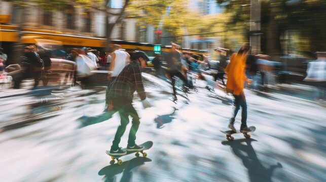 Blurred skateboarders and rollerbladers showing off their tricks in a designated area.