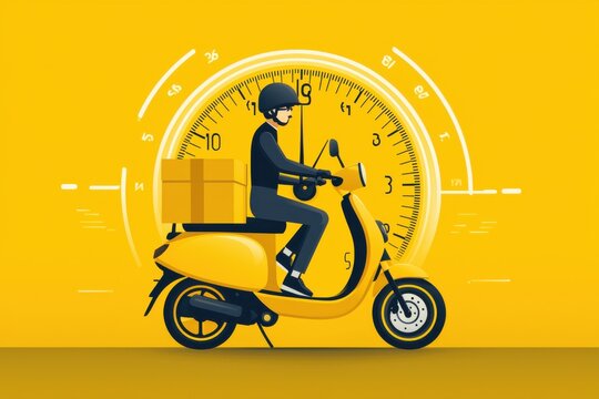 Speedy courier riding a scooter on a yellow background