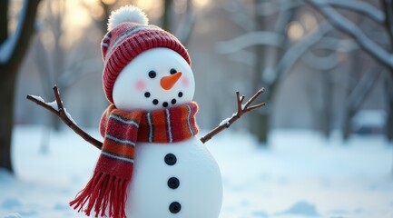 A cheerful snowman with a scarf and hat, surrounded by a snowy landscape in a winter park
