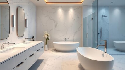 Fototapeta premium A luxurious contemporary bathroom with sleek marble countertops, a freestanding bathtub, and chrome fixtures, exuding elegance and sophistication, chrome, design