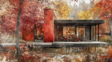 An architectural blueprint-style drawing of a modern house featuring bold geometric shapes and open floor plans.