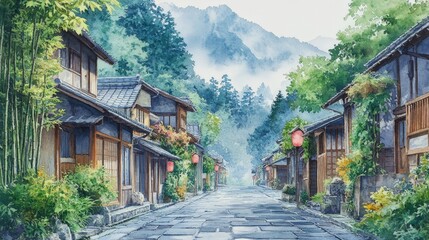 Serene bamboo forest path in traditional village setting