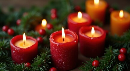 Red Christmas candles surrounded by festive greenery and berries for a warm holiday feel