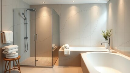 A luxurious spa bathroom featuring a modern shower with sleek tiles, a deep soaking tub, fluffy towels, and a tranquil color scheme, luxury, bathroom