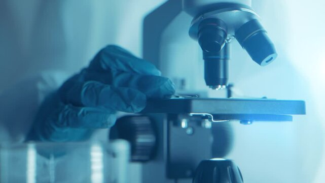 Virologist scientist using microscope in laboratory for biochemical research. Medical lab equipment, doctor researching vaccine development, studying disease to advance healthcare and treatments