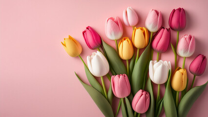 Obraz premium Tulipas coloridas sobre um fundo gradiente rosa, alegria, bom gosto, ideais para comemorações e cartões de Dia das Mães, dia dos namorados. Flores, floral. Fundo de tela, proteção de tela, 16:9.