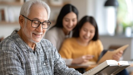 Fototapeta premium Elderly man reading while family enjoys cozy time together at home