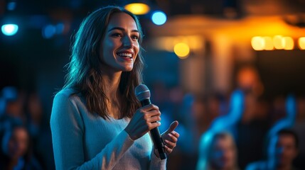 realistic photo of a presentable white woman with a microphone in her hands, who is speaking in front of an audience on a small stage, smiling on her face