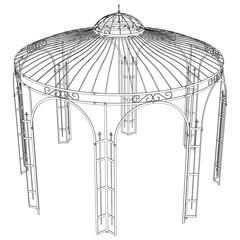 Gazebo line art vector design, featuring a shingled roof and elegant structure, set in a peaceful garden, ideal for picnics, relaxation, and nature retreats in an open outdoor space