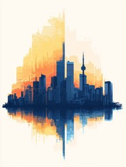 Obraz premium Stunning city skyline at sunset a captivating reflection of the sun over urban architecture