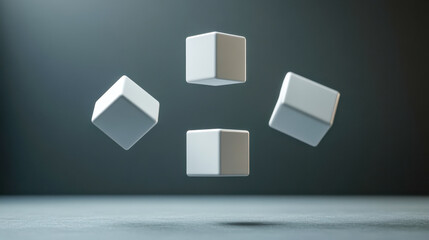 Four white cubes suspended mid-air on a minimalist background concept of balance and gravity