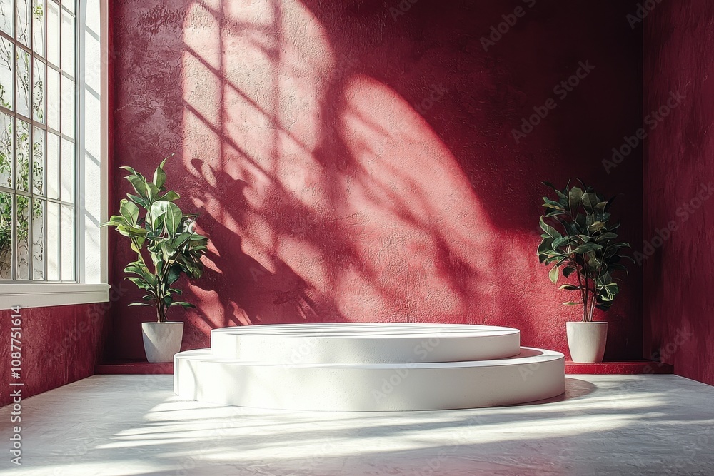 Poster minimalist red wall with light and shadow patterns