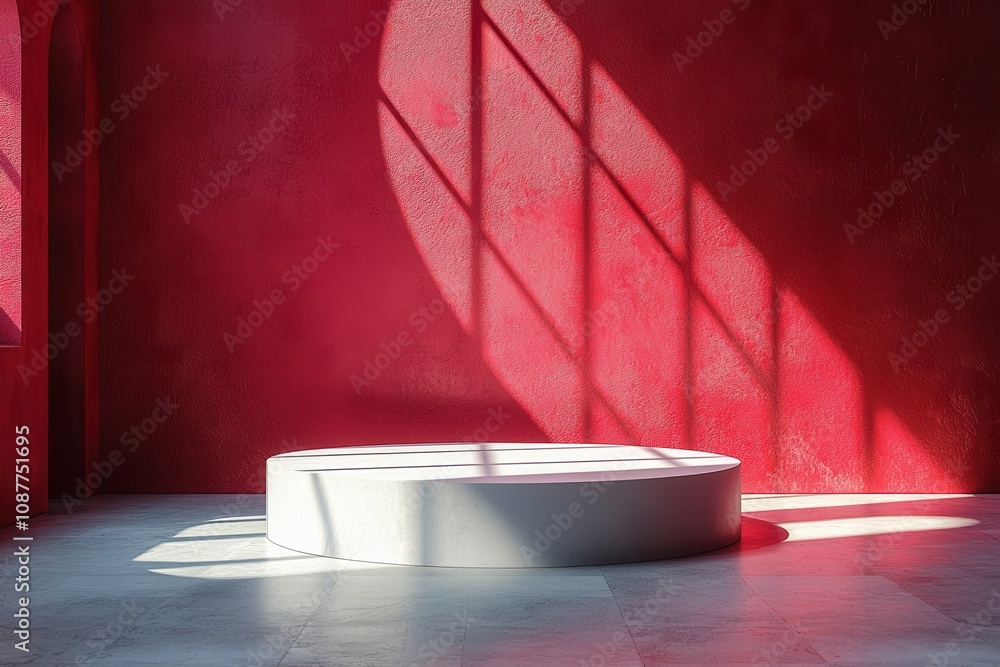 Poster minimal abstract interior with circular platform and textured red walls