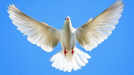 A white dove in flight against a clear blue sky, symbolizing peace and freedom.