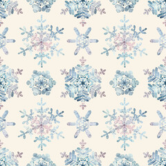 Granulation watercolour snowflakes on a beige background. Frost crystals drawings. Seamless winter pattern. Hand drawn illustration. For fabric, sketchbook, invitation decor, wallpaper, wrapping paper