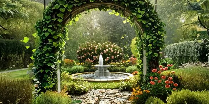 Garden with an arched trellis covered in climbing vines, 4K , Video
