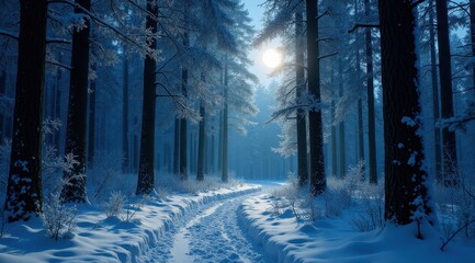 A peaceful snowy path illuminated by the full moon, surrounded by bare winter trees in a tranquil setting