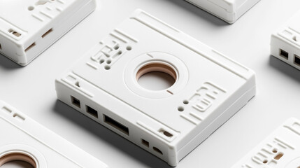 Fototapeta premium Close-up of multiple white plastic camera cases laid out on a light surface. The cases feature a circular opening at the center, sharp lines, and modern geometric patterns.