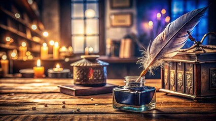 Vintage Ink Well and Quill Pen on Wooden Desk with Natural Light, Evoking Nostalgia and Creativity in Classic Writing Instruments for Home Office Decor and Collectors