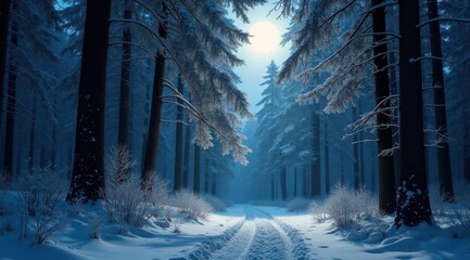A peaceful snowy path illuminated by the full moon, surrounded by bare winter trees in a tranquil setting