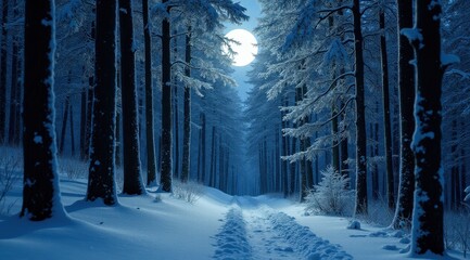 Fototapeta premium A peaceful snowy path illuminated by the full moon, surrounded by bare winter trees in a tranquil setting