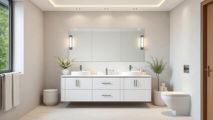 Fototapeta premium A minimalistic bathroom with a sleek vanity featuring clean lines and a neutral color palette, interior, design