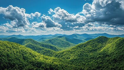 Obraz premium Forested mountains under a blue sky with clouds
